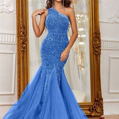 New! Beautiful Blue Great Style Dress That Flows. You Will Feel Amazing In This Dress. Wow! Very Nice Blue Sequined Mermaid Dress For Evening, 50s Prom Dresses, Green Evening Gowns, Satin Evening Gown, Silver Gown, Vintage Formal Dresses, Formal Dresses With Sleeves, Sequence Dress, Prom Girl Dresses