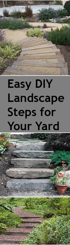 steps leading up to a garden with plants and flowers in the background text overlay reads easy diy landscape steps for your yard