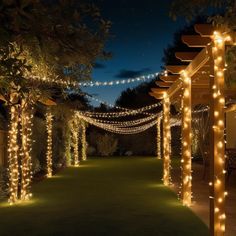 an outdoor walkway covered in lights at night