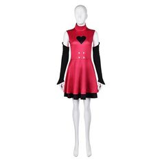 a female mannequin wearing a red dress with black sleeves and buttons on it