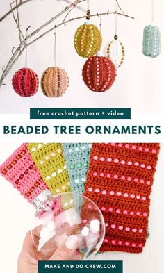 crocheted ornaments hanging from a tree branch with text overlay reading beaded tree ornaments