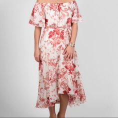 Maison Tara Off The Shoulder Hi-Lo Dress Bohemian Floral Print Off The Shoulder Hi-Lo Dress With Tiered Ruffle Sleeves Elastic Off Shoulder Band - Tie Belt - A-Line Silhouette - Hidden Back Zipper - Ruffle Skirt Hem - Lined - Delicate Wash, Lay To Dry Red Viscose Dresses For Spring, Red Viscose Dress For Spring, Feminine Red Maxi Dress For Vacation, Red Feminine Midi Dress For Beach, Feminine Red Dresses For Vacation, Feminine Red Dress For Vacation, Feminine Red Midi Beach Dress, Red Short Sleeve Feminine Maxi Dress, Feminine Red Short Sleeve Maxi Dress