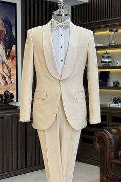 Allaboutchic also accepts custom measurement. So if you want the suit with your own size, please contact us. Color: Beige Button: Single Breasted Occasion: Prom, Business, Wedding Neckline: Shawl Lapel Material: Polyester & Polyester Blend Pattern: Solid Piece: 2 Piece Pocket: With Flap Beige Tuxedo Men, Beige Tuxedo, Lapel Wedding, Men Attire, Classic Suits, Mod Design, Wedding Planning Decor, Church Suits, Slim Fit Suits