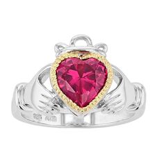 Decorated with a dazzling, lab-created ruby center stone, this sterling silver Claddagh ring is a beautiful expression of love and loyalty. Decorated with a dazzling, lab-created ruby center stone, this sterling silver Claddagh ring is a beautiful expression of love and loyalty. Metal: sterling silver Plating: gold tone Finish: polishedSTONE DETAILS Stone type: lab-created ruby Shape: heart Setting: bezel Gemstones may have been treated to enhance their appearance. Special care may be required. Sterling Silver Ruby Ring With Center Stone, Sterling Silver Heart Ring With Center Stone, Valentine's Day Sterling Silver Diamond Ring With Center Stone, Polished Heart Cut Promise Jewelry, Promise Jewelry With Heart Cut And Polished Finish, Pink Lab-created Ruby Jewelry With Birthstone, Heart Cut Polished Jewelry For Promise, Pink Lab-created Ruby Birthstone Jewelry, Heart Cut Promise Jewelry With Polished Finish