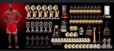 the basketball player is standing next to his trophies and trophy cups in front of him