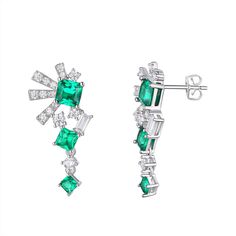 Add sparkle to your style with these Art Deco-inspired cubic zirconia and green glass earrings. Add sparkle to your style with these Art Deco-inspired cubic zirconia and green glass earrings.  Dimensions: 26 mm x 13 mm Backings: post Nickel free Metal: brass Plating: platinum, fine silver Platinum flash plate Finish: polished Glass accents Packaging: boxedSTONE DETAILS Stone type: cubic zirconia Center stone size: 5 mm x 5 mm Shape: baguette cut, cushion cut, round Setting: prong Gemstones may h Green Cubic Zirconia Crystal Earrings For Party, Green Cubic Zirconia Party Earrings, Green Cubic Zirconia Diamond Drop Earrings, Green Diamond Drop Earrings, Green Cubic Zirconia Drop Earrings, Green Cubic Zirconia Earrings For May Birthstone, Green Diamond Earrings For Parties, Green Diamond Party Earrings, Green Cubic Zirconia Fine Jewelry Earrings