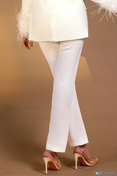 Classic Gloria White Pantsuit Chic Solid Color Spring Pant Set, Solid Color Trousers Sets For Spring, Chic Solid Color Sets With Straight Pants, Chic Sets With Solid Color Straight Pants, Chic Solid Sets With Straight Pants, Fitted Solid Color Wide Leg Sets, Elegant Solid Color Summer Suits, Fitted Wide Leg Solid Color Sets, Fitted Solid Color Pant Set For Party