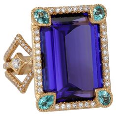 Step into a world of unparalleled elegance with the 18K Yellow Gold Coco Ring, a masterpiece from the renowned designer Erica Courtney. At the heart of this exquisite ring lies a breathtaking 24.21 carat Tanzanite, its deep, vibrant blue hues capturing the essence of luxury and sophistication. Surrounding the Tanzanite are four Paraiba Tourmalines (0.56 carats total), renowned for their rare and mesmerizing neon-blue glow. Adding to the ring’s opulence, 1.86 carats of meticulously set diamonds (442 stones) create a scintillating halo, enhancing the natural beauty of the central gemstone. The combination of these extraordinary gemstones with the rich 18K yellow gold setting makes the Coco Ring a statement piece that exudes elegance and glamour, perfect for those who appreciate the finer thi Paraiba Tourmaline Ring, Pink Gold Rings, Argyle Pink Diamonds, Hexagon Necklace, Blue Glow, Tanzanite Diamond Ring, 18k Gold Necklace, Paraiba Tourmaline, Gold Cocktail Ring