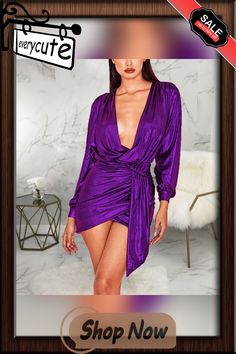 Sexy Fashion Slim Fit V-neck Dress Flirty V-neck Evening Dress, Chic V-neck Mini Dress For Evening, V-neck Dresses For Spring Night Out, Glamorous Spring V-neck Party Dress, Fall Purple V-neck Dress, Elegant Purple V-neck Mini Dress, Fitted Purple V-neck Dress For Party, Elegant Purple V-neck Dress For Party, Flirty V-neck Dress For Fall