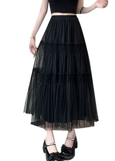 Women Black Ruffled Patchwork Elastic Waist Tulle Skirt SummerFabric: TulleSize & Fit: This garment fits true to size.Length: Size S measures 29.25"from waist to hem.Waist:Fitted - elastic waist allows stretch Hip: Loosely Fitted. room for hips. Hand Wash Cold. Black Long Ruffled Skirt Petticoat, Black Long Ruffled Petticoat, Spring Black Flowy Petticoat, Black Flowy Petticoat For Spring, Spring Black Petticoat, Spring Black Full Skirt Petticoat, Black Full Skirt Petticoat For Spring, Black Flowy Petticoat For Party, Spring Black Lined Petticoat