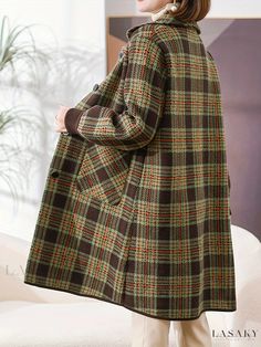 Lasaky - Womens Plaid Print Classic Jacket with Casual Button Front and Long Sleeves - Stylish Outerwear for Every Occasion Classic Jacket, Casual Fit, Plaid Print, Sleeve Detail, Womens Plaid, Casual Fits, Types Of Printing, Knit Fabric, Knitted Fabric