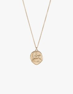 Our Chimera and Dove coin pendant in 14k gold on an elegant 18" chain. Molded from ancient Greek coins. In Greek Mythology, chimeras are representative of feminine power, wild fantasy and faith. The Greeks felt that the dove represented love and devotion. Together, these two symbols have been known to represent war and peace. Measures approximately 12.5 mm x 15 mm Handmade in Los Angeles Goddess Artemis, The Stag, Ancient Greek Coin, Wildest Fantasy, Greek Coins, Feminine Power, Gold Signet Ring, The Bee, Coin Pendant