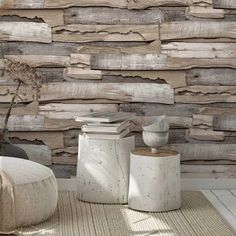 a room with wooden wallpaper and two vases on the floor next to it