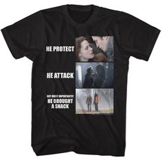 a black t - shirt with the words, he protect me attack and two images of people