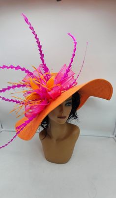 Beautiful extra large lightweight orange hat with oganza and yellow flowers adorning it.   Kentucky derby hat adorn with feathers.   Head = to 22 inches - Free Shipping - Fast shipping - Customize by adding different color flowers and or feathers Check my store for styles and colors.  Hatsandpearls.etsy.com Find more at my website: Www.hatsandpearls.com  Reach out to me if you can't find what you are looking for.  I can make cake custom orders and help you style and match your outfit  Tag and sh Orange Mini Hat For Kentucky Derby Party, Orange Fitted Hat For Kentucky Derby, Fitted Orange Hat For Kentucky Derby, Orange Costume Hat For Spring, Orange Hat Fascinator For Races, Orange Mini Hat For Kentucky Derby Races, Orange Costume Hat For Kentucky Derby Races, Orange Mini Hats For Summer Parties, Orange Party Hat For Spring