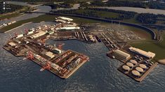 an artist's rendering of a large industrial area in the water with lots of equipment