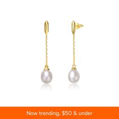 in stock White Freshwater Pearl, Chain Earrings, Cable Chain, Fresh Water, Freshwater Pearls, Gold Earrings, Gold Plate, Cable, Plating