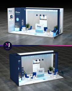 an exhibition stand with two different displays on it