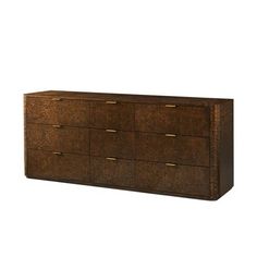 a brown dresser with gold handles and drawers