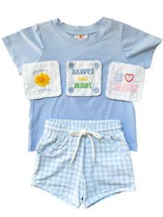 This short set features 3 interchangeable tabs with gingham trim. One tab has Daddy’s best Buddy with Daddy and Buddy in French knot and best embroidered. The second tab has you are my sunshine embroidered around a French knot sunshine The third tab has shadow embroidered I heart Mama. Material: Knit Casual Gingham Cotton Sets, Baby Outfit Ideas, French Knot, Baby Outfit, Baby & Toddler Clothing, You Are My Sunshine, Short Set, My Sunshine, Short Sets