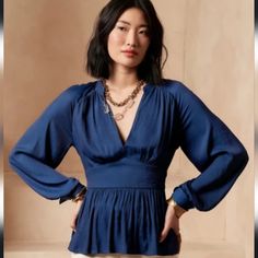 Banana Republic Blue Blouse With Empire Waist Chic Blue Tops For Brunch, Chic Blue Top For Brunch, Blue Fitted Versatile Blouse, Versatile Fitted Blue Blouse, Fitted Blue Versatile Blouse, Elegant Blue Blouse For Brunch, Elegant Blue Blouse For Day Out, Blue Velvet Top, Blue Peplum Top