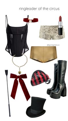 a woman's outfit and accessories including high heels, top hat, belted shorts, black boots, red ribbon