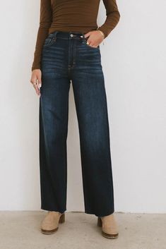 Straight legs denim Dark Wide Leg Jeans, Maxi Outfits, Short Loungewear, Layered Sweater, Future Wardrobe, Skirt Jumpsuit, Denim Material, Dresses By Length, Dark Wash Denim