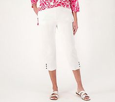 Elevate your warm weather work wardrobe with these classic capri pants. The button detail at the hem is a decorative touch that adds spice to this style. From Susan Graver. Casual Bottoms With Side Buttons For Spring, Casual Spring Pants With Snap Buttons, Knee-length Summer Bottoms With Buttons, Cropped Leg Workwear Bottoms With Buttons, Spring Cropped Leg Pants With Buttons, Casual Cropped Leg Bottoms With Buttons, Stretch Pants With Button Closure For Summer, Casual Capris With Button Closure, Elegant Bottoms With Snap Buttons For Spring