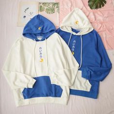 Moon Embroidery Color Block Hoodie Sweatshirt Whimsical Clothes, Moon Embroidery, Harajuku Clothes, Color Block Hoodie, Color Block Sweatshirt, Tony Moly, Costume Wigs, Cap Hair, Harajuku Fashion