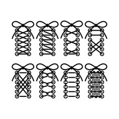 six different types of laces with bows and knots on the ends, all in black