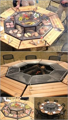 an outdoor table made out of wood and grills