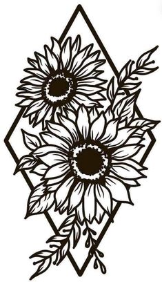 a black and white drawing of sunflowers in a diamond shape with leaves on the side