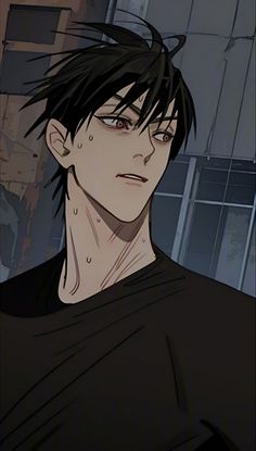 an anime character with black hair and piercings on his face, staring at the camera