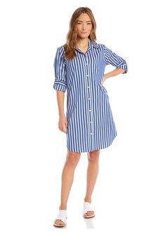 This versatile button-front dress features cuffed roll-tab sleeves, a shirt pocket, and a comfortably stretchy fit that is perfect for warmer weather. Wear it open as a jacket, or buttoned as a dress. Roll-tab sleeve Length: 39 1/8 inches (size M) 80% Cotton 17% Nylon 3% Spandex Available in indigo Made in the USA of imported fabric Machine wash cold, hang to dry or dry clean Button down Striped Casual Button-up Shirt Dress With Rolled Sleeves, Relaxed Fit Shirt Dress With Roll-up Sleeves For Daywear, Fall Cotton Shirt Dress With Roll-up Sleeves, Casual Button-up Shirt Dress For Work, Summer Daywear Shirt Dress With Button Cuffs, Summer Shirt Dress With Button Cuffs For Daywear, Summer Button-up Shirt Dress With Rolled Sleeves, Summer Shirt Dress With Rolled Sleeves And Button-up Shape, Button-up Shirt Dress With Pockets