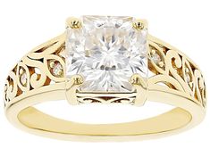 Moissanite Fire(R) 2.88ctw diamond equivalent weight square octagonal Inferno cut(TM) and round brilliant, 14k yellow gold over sterling silver ring. Measures approximately 5/16" L x 1/16" W and is not sellable. Actual moissanite weight is 2.34ctw. Jewelry Television, Jtv Jewelry, Cultured Pearls, Gemstone Colors, Round Brilliant, Timeless Beauty, Sterling Silver Ring, Sterling Silver Rings, Silver Ring