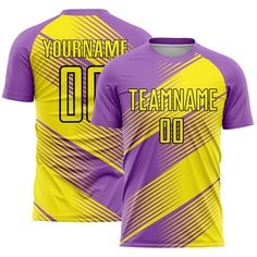 a purple and yellow soccer jersey with the number 00 on it, that reads your name