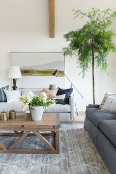 a living room filled with furniture and a tree in the middle of it's center