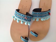 BEFORE ORDER MESSAGE ME BECAUSE WE ARE ON HOLIDAY MOODBoho Sandals, Ethnic Sandals, Hippie Sandals, Greek Sandals, Pom Pom Sandals, Party Look Amazing handmade boho leather sandals Vivid summer colors are a mood booster! Blue is a summer color that make you dream on holidays and sea! It's the ideal pair of shoes when you can not carry many things with you because really matches any outfit and style! It's the perfect bohemian addition to your wardrobe! These light blue sandals are very easy to we Leather Tassel Sandals For Beach, Leather Sandals With Tassels For Vacation, Bohemian Round Toe Sandals For Beach Season, Hippie Style Barefoot Sandals For Summer Vacation, Hippie Barefoot Sandals For Summer Vacation, Handmade Summer Barefoot Sandals For Vacation, Bohemian Toe Loop Sandals For Spring, Summer Festival Flip Flops With Single Toe Strap, Bohemian Flip Flops With Single Toe Strap For Summer