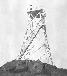 an old black and white photo of a tower on top of a hill with a bird perched on it