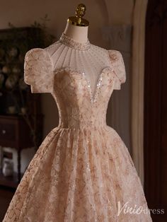 Blush Pink Floral Lace Homecoming Dresses High Neck Puffed Sleeve Tea – Viniodress Tea Length Homecoming Dresses, Dress With Beads, Tea Length Prom Dress, Champagne Pink, Dresses 2024, Pink Tulle, Pink Sequin, Tea Length Dresses, Lace Back