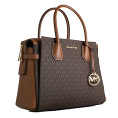 This Is A Brand New Unused, Unworn Michael Kors Mercer Medium Satchel Shoulder Crossbody Bag With Tags Retail $558.00 Leather Mk Signature Brown 100% Authentic Michael Kors Logo At Front Gold Toned Hardware Mk Charm On Front Back & Front Slip Pockets Zip Top Closure Custom Mk Fabric Lining Middle Zipper Compartment 2 Slip-In Pockets 1 Zipper Pocket 12" (L) X 9.5"(H) X 5.5"(D) Strap: 4.75", 20.5"- 24" Black Leather Messenger Bag, Modern Handbag, Burgundy Bag, Grey Shoulder Bag, Summer Purses, Gray Handbags, Michael Kors Mercer, Michael Kors Logo, Michael Kors Shoulder Bag