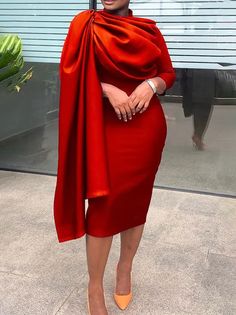 Elegant V Neck Balloon Sleeve Satin Dress | stylewe Red Elegant Dress Long, Material Styles For Ladies, Engagement Clothes, Side Drape Dress, Midi Party Dress, Classy Gowns, Quarter Sleeve Dress, Dinner Dress Classy, Pencil Skirt Dress