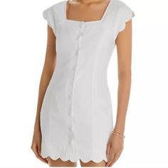 Nwt Women's Aqua White Scallop Edge Button Front Short Sleeve Mini Dress. Size Xs Shell: 55% Linen 45% Viscose Lining: 65% Polyester 35% Cotton Fitted Summer Dress With Button Back, Spring Mini Dress With Button Back, Summer Dresses With Button Back And Short Sleeves, Chic Spring Mini Dress With Button Back, Chic Mini Dress With Button Back For Spring, Summer Button Back Mini Dress, Summer Mini Dress With Button Back, Spring Fitted Dress With Button Back, Casual Square Neck Mini Dress With Buttons