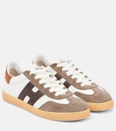 Suede-trimmed leather sneakers in multicoloured - Hogan | Mytheresa Hogan Shoes, Designer Heels, Shoe Box, Leather Sneakers, Wedge Heels, Womens Shoes Sneakers, Designing Women, Top Sneakers, Rubber Sole