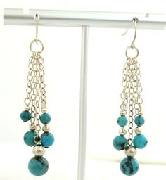 Sterling Silver Turquoise Dangle Earrings w/ 5 Chains .925 French Hook 2 3/8 in Turquoise Dangle Jewelry, Turquoise Sterling Silver Long Drop Jewelry, Hypoallergenic Turquoise Dangle Jewelry, Turquoise Sterling Silver Dangle Chandelier Earrings, Turquoise Sterling Silver Chandelier Earrings, Turquoise Dangle Earrings, Nickel-free Sterling Silver Turquoise Chandelier Earrings, Turquoise Earrings Dangle, Handcrafted Artisan Jewelry