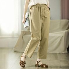 Comfortable, One of Kind. Pants online shop,|Casual|100% Cotton|Solid Color|Full Length|Elastic|Straight Leg|Female|Khaki|S|M|L|XL|XXL|Summer|Hand Wash Casual Non-stretch Khaki Wide Leg Pants, Casual Khaki Harem Pants For Fall, Khaki Ankle-length Pants, Casual Beige Wide Leg Pants, Loosely Fitted Hips, Casual Solid Color Khaki Pants, Khaki Wide Leg Ankle-length Pants With Elastic Waistband, Casual Khaki Ankle-length Harem Pants, Khaki Ankle-length Wide Leg Pants With Elastic Waistband, Casual Brown Straight Leg Harem Pants