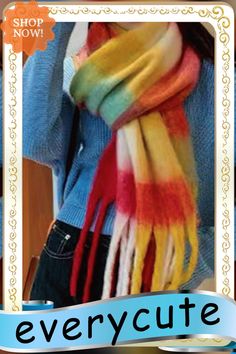 Women's Fashionable Rainbow Plaid Thickened Color Block Tassel Scarf Fall Fringe Scarves, Multicolor Fringe Scarves For Fall, Multicolor Fringed Scarves For Fall, Rainbow Plaid, Neckwear Women, Tassel Scarf, Women's Jewelry And Accessories, Color Block, Tassels