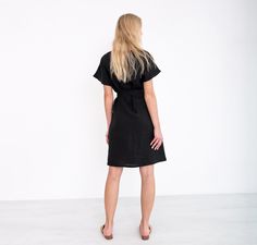 "PENELOPE is an elegant linen dress with belt. DETAILS - Boat neckline - Side seam pockets - Dolman style sleeves - Has self belt - Knee length - 100% midweight European linen fabric - Cut and sewn to order just for you in our studio COLOR - Black, you can also choose other colors above - Fabric samples are available here https://www.etsy.com/listing/586569696/linen-fabric-samples SIZING & FIT - Fits true to size - Length is approximately 36.5 inches / 92.5 cm - Bust is approximately 19.5 in Fitted Belted Linen Dress, Fitted Belted Linen Dress For Daywear, Elegant Belted Linen Dress For Work, Elegant Fitted Belted Linen Dress, Chic Belted Linen Dress For Work, Linen Belted Dress For Daywear, Summer Linen Belted Dress For Work, Elegant Knee-length Linen Dress With Tie Waist, Belted Linen Shirt Dress For Work