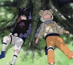 two anime characters laying in the grass under a tree