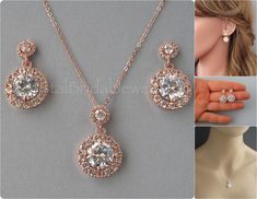 Cubic Zirconia set is available with rose gold plated, rhodium plated and yellow gold plated finish. Please select the finish for set before checkout. Necklace is available in 16 (40.5cm), 18 inches 45.5cm) and 20 inches (51cm) long and it has an extension of about 2 inches (5cm) long. Please select the necklace length. Earrings are about 1 1/4 inch (3cm) long. Materials and sizes: Round Zircons are: 13mm and 6mm Zircon color: clear 1) Rose gold plated over brass rounds Rose gold filled chain Si Dazzling Rose Gold Jewelry Sets For Wedding, Exquisite Rose Gold Jewelry For Party, Glamorous Round Cut Jewelry For Formal Occasions, Silver Plated Jewelry Sets For Wedding, Elegant Sparkling Jewelry Sets For Gifts, Wedding Jewelry Sets With Plating, Wedding Jewelry With Matching Round Cut Earrings, Elegant Rose Gold Bridal Sets With Brilliant Cut, Rose Gold Cubic Zirconia Jewelry Sets